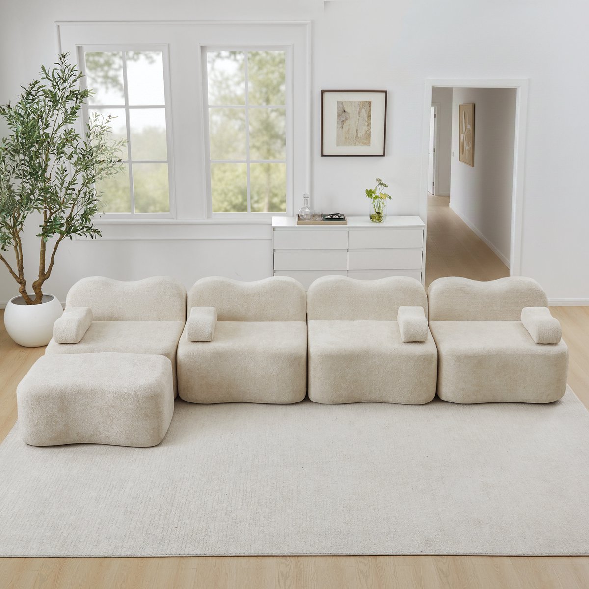Modulaire hoekbank met 4 zitplaatsen – inclusief 1 voetenbank – met 32D-schuim met hoge dichtheid – golvend ontwerp – diepe zitting – afneembare armleuningkussens – geschikt voor de woonkamer – beige