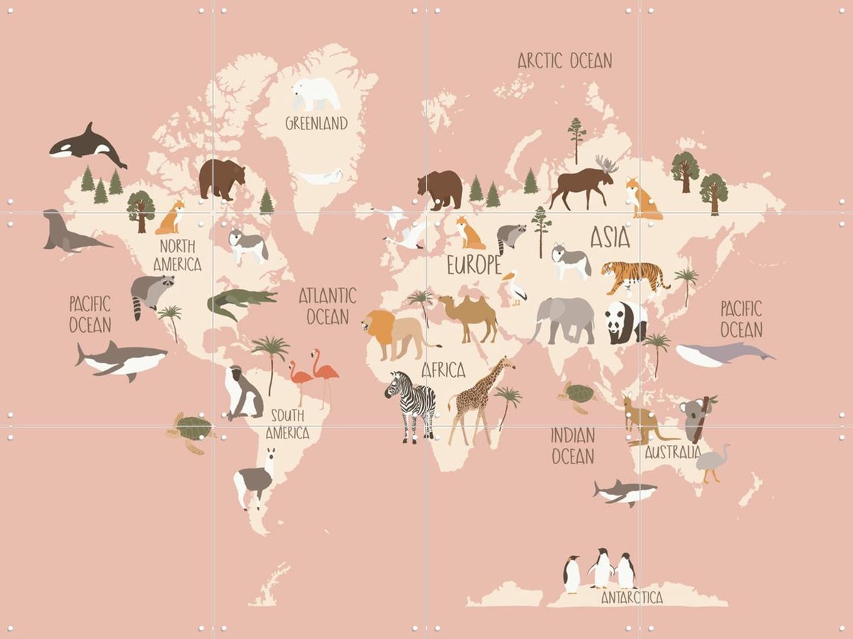 IXXI Nursery World Map (Pink), Treechild & Various - 80 x 60 cm - Gratis ophangtool - Grote wanddecoratie en posters - Fantasierijk, Grafisch Ontwerp