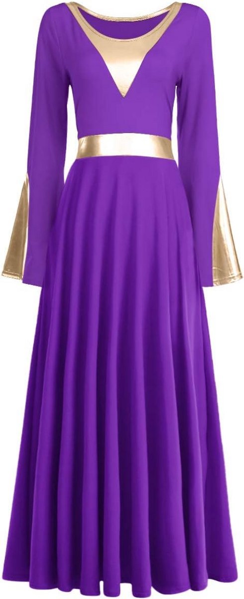 Lange Dansjurk Dames voor Lofprijzing, Kerk en Gebed - Metallic Maxi Jurk met Wijde Mouwen
