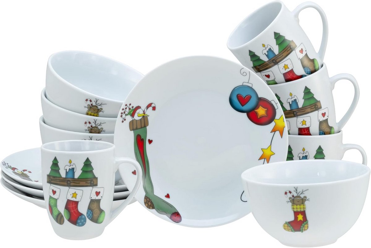 12-Delige Servies Set voor 4 Personen - Brunch Porselein met Sokkenmotief - Vaatwasmachinebestendig