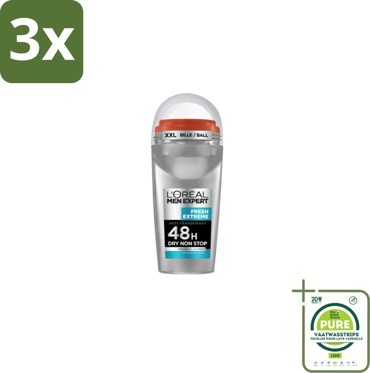 3 x L'Oréal Men Expert Deodorant Roller Fresh Extreme 50 ml - Grootverpakking - Anti-transpirant - Zweetbestrijding - Frisheid - Ice-effect - Deodorant Roller
