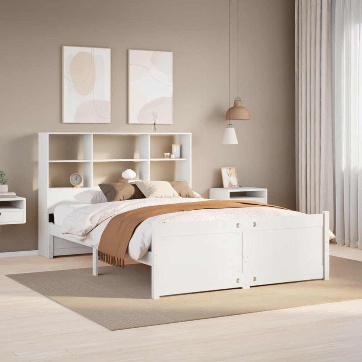 Bed met Opbergruimte en Boekenkast - Houten Tweepersoonsbed 120x200 cm Wit