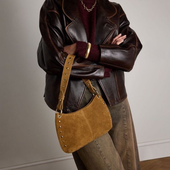 Manfield Cognac Suède Schoudertasje Met Gouden Studs Met Ritssluiting - Maat Onesize