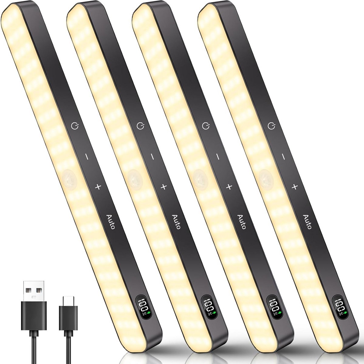 Oplaadbare LED Kastverlichting met Bewegingsmelder, 4 Stuks, USB, Warm Wit Licht
