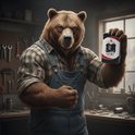 Een antropomorfe beer in overall en geruit hemd houdt de Brute Strength 117-delige precisieschroevendraaierset vast.