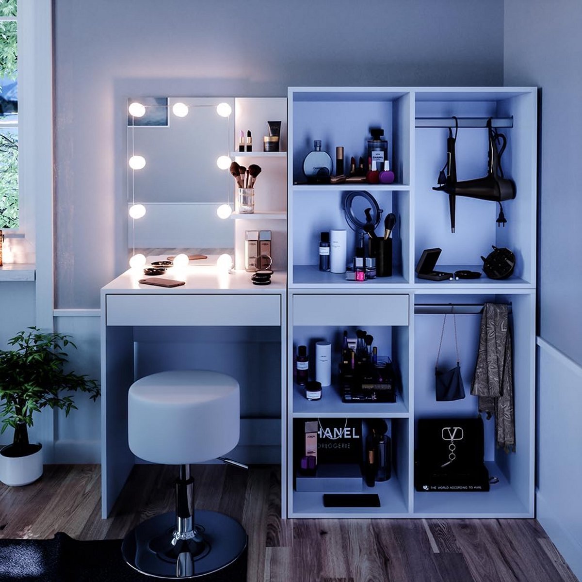 Complete Make-up Tafel Set met Spiegel, Kruk en Opbergkast