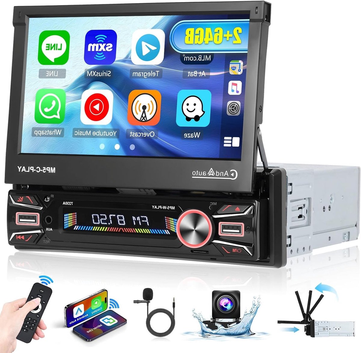 Autoradio 1 DIN – Auto Stereo – Multimedia Systeem – Inbouw Radio – Navigatiesysteem – Draadloos CarPlay & Android Auto – Uitklapbaar 7 Inch Touchscreen – Android 13 met Bluetooth & WiFi