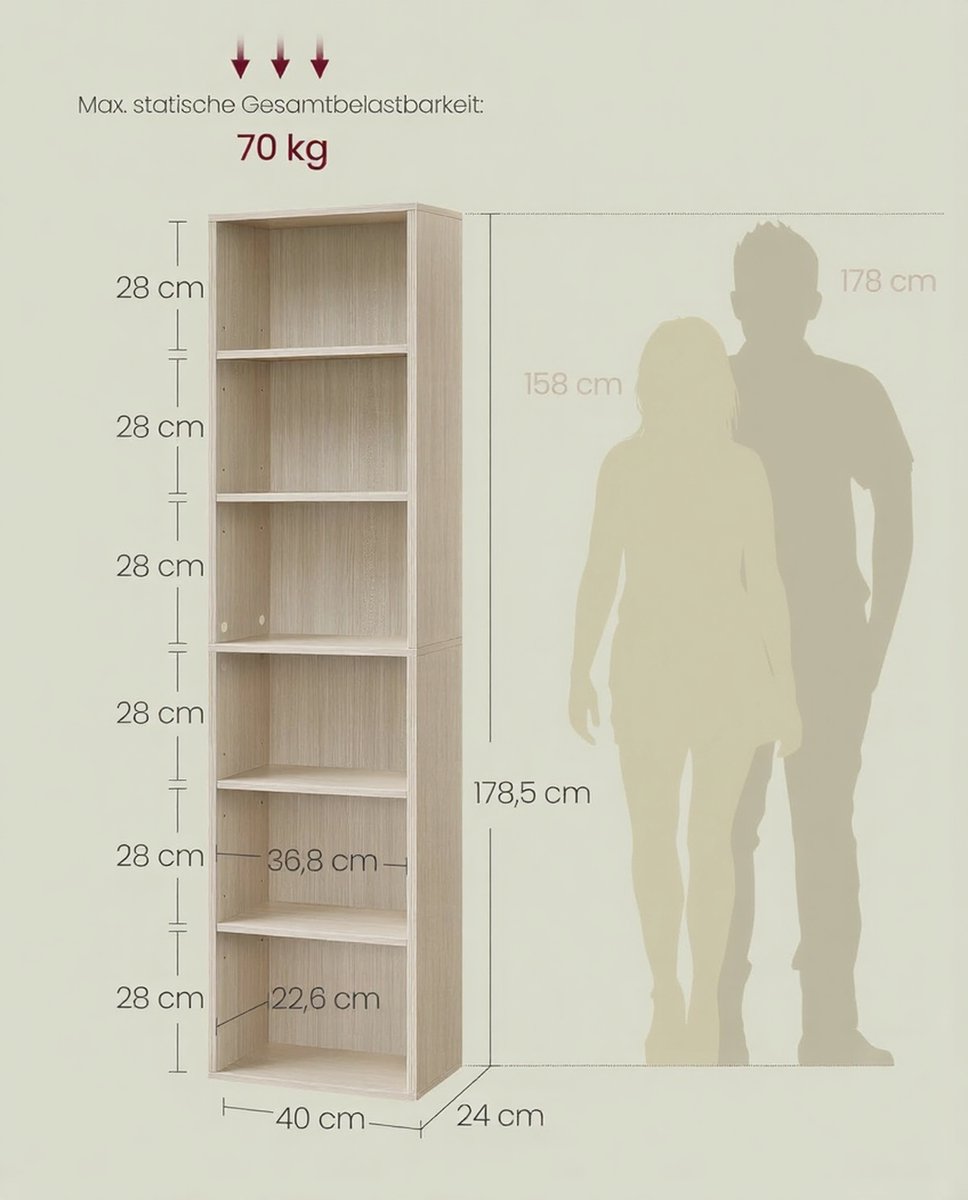 Boekenkast 6 Vakken House&Garden – Staand Open Opbergrek – Minimalistisch Houten Rek voor Woonkamer, Eetkamer en Thuiskantoor – Verstelbare Planken, Kantelbeveiliging – Natuurlijk Beige