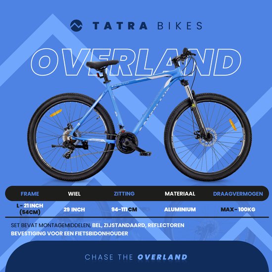 Tatra Bikes Mountainbike 29" Overland, MTB-fiets voor dames en heren, fiets 29" - 21 inch aluminium frame, 21 versnellingen, schokdemper, schijfremmen - Blauw van Tatra Bikes — afbeelding 2