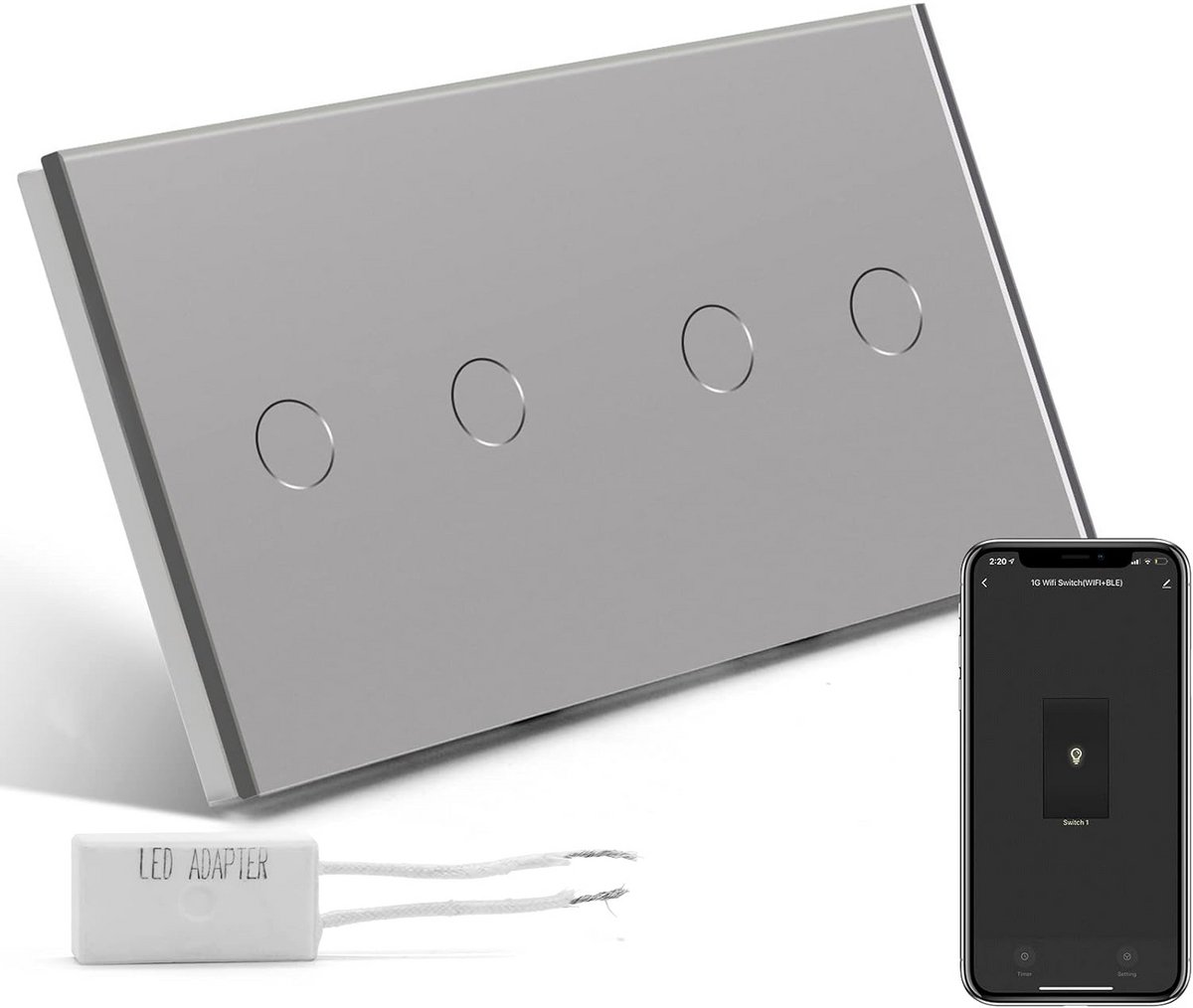 Touch Dimmer en Wifi Schakelaar Dubbel Glas Grijs Wandmontage