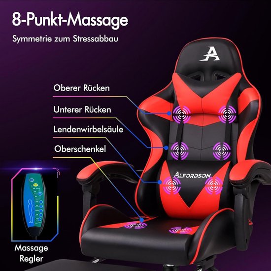 Ergonomische Gaming Stoel met Voetensteun - Bureaustoel XL 180 kg - Verstelbaar en Comfortabel - Rood/Zwart van Merkloos — afbeelding 4