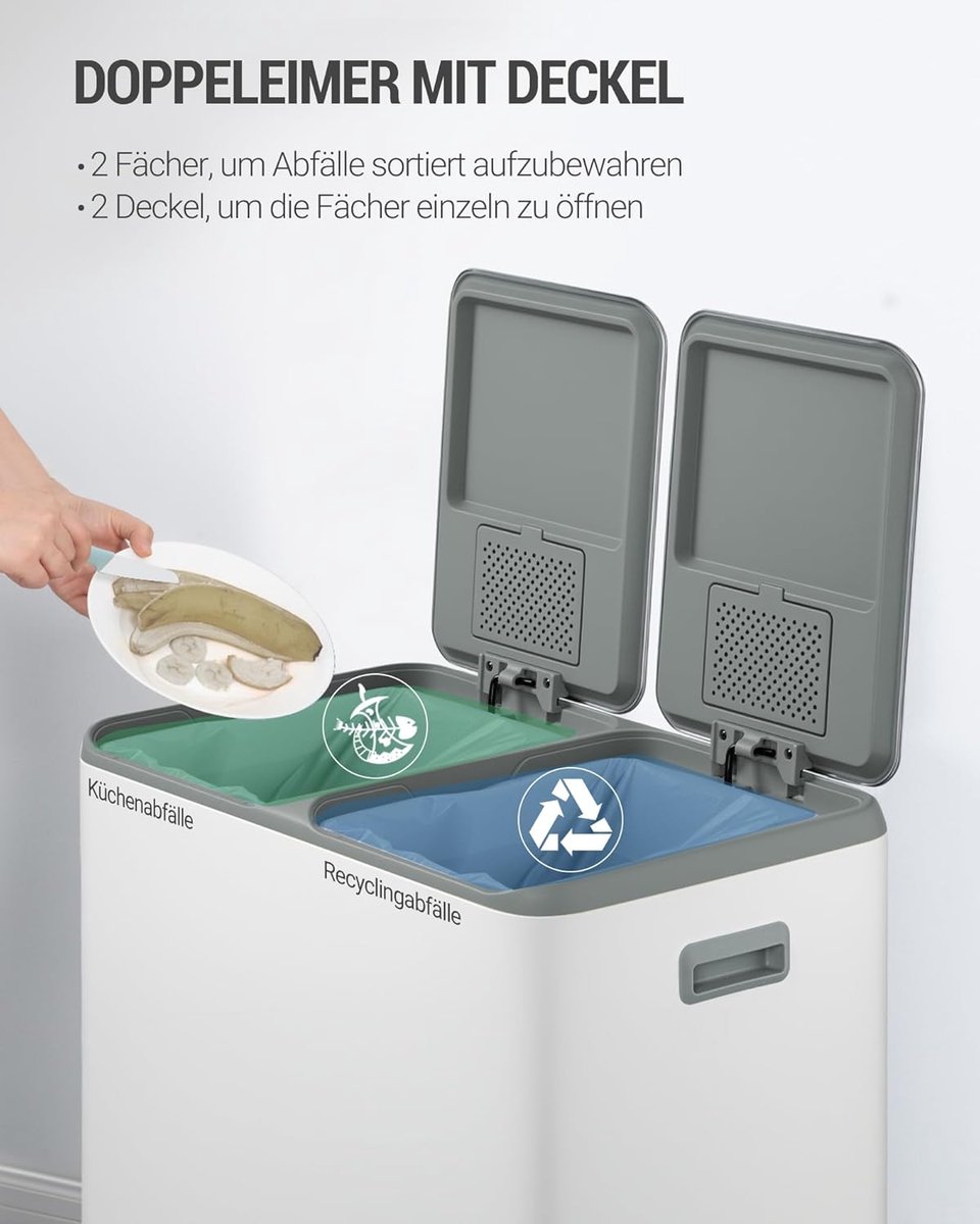 Prullenbak 60 liter met Afvalscheiding - Casa Serena® Luxe Pedaalemmer 2 x 30L - Zwarte RVS Afvalemmer met Soft Close Deksel - Rechthoekige Keukenvuilnisemmer - Inclusief 15 Vuilniszakken