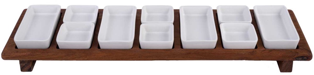Pure Acacia Wood Borreltray 69cm 7-vaks met schaaltjes wit