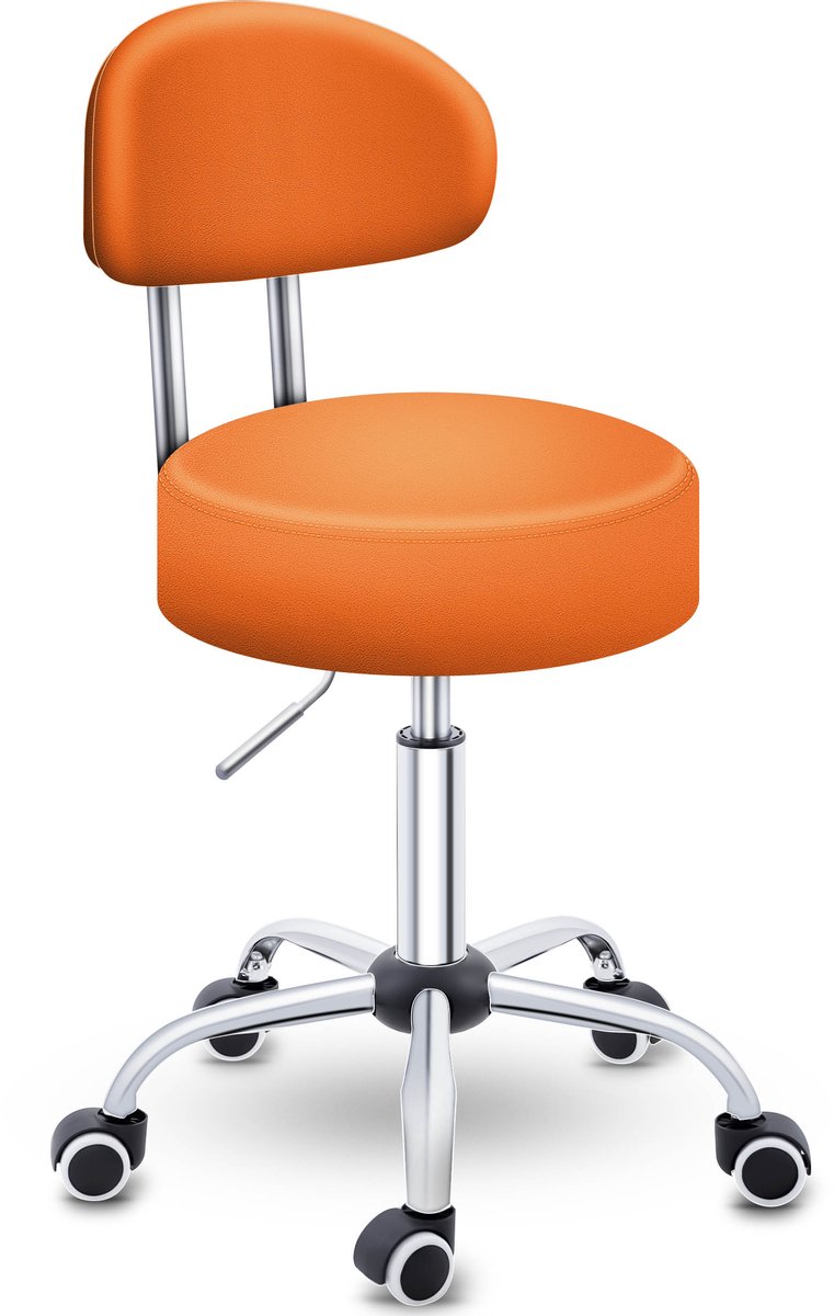 TRESKO® Rolkruk met leuning | Werkkruk in hoogte verstelbaar 47-60 cm | Draaikruk met wieltjes | bureaustoel kruk draaistoel visagiekruk (Oranje)