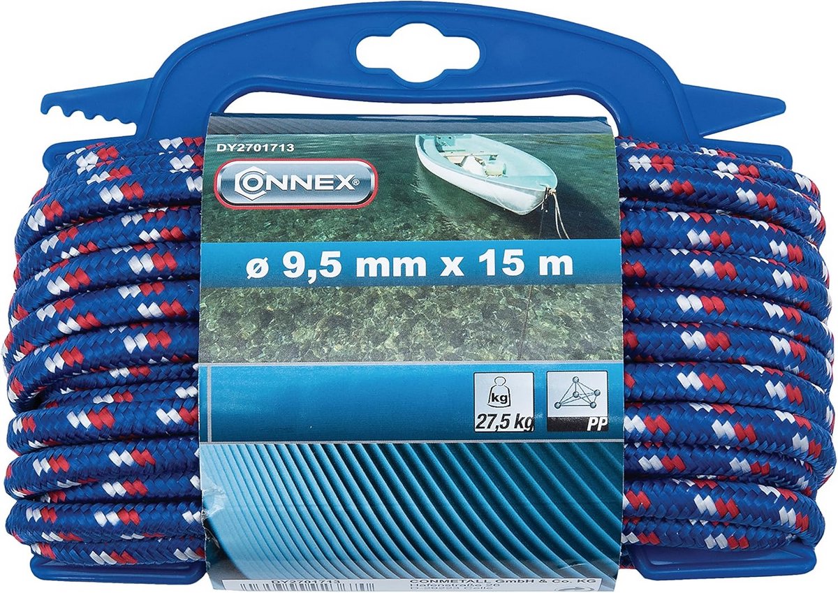 Gevlochten drijvend polypropyleen touw 9,5 mm x 15 m in blauw rood wit