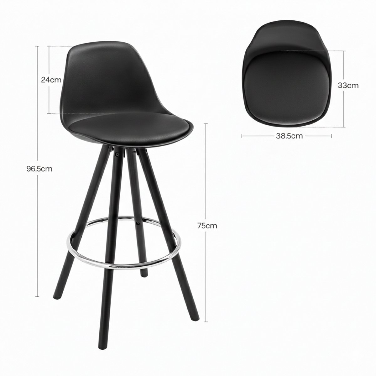 Barkruk Set van 2 House&Garden Luxe Keuken- & Barstoelen | Ergonomisch Kunstleren Zitting | Houten Frame met Rugleuning en Voetensteun | Modern Zwart | Comfortabel & Stijlvol voor Keuken, Bar of Eettafel