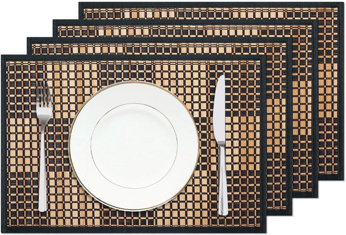 Set van 4 Rechthoekige Bamboe Placemats met Schaakbordpatroon