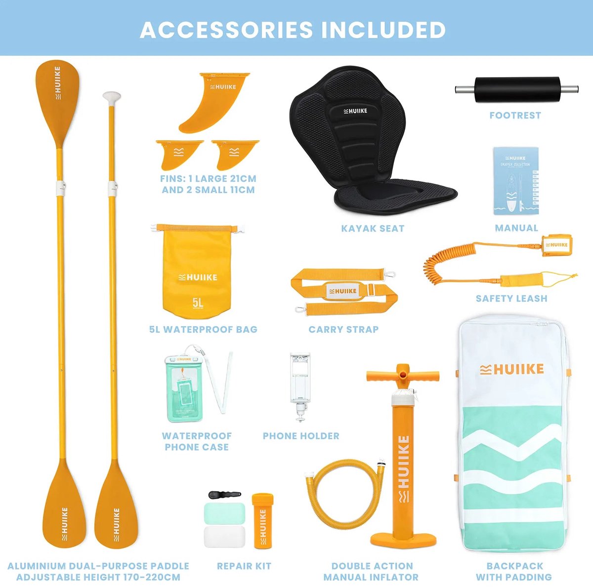 HUIIKE SUP Board - Opblaasbaar Paddle Board met Accessoires, Peddel, Vinnen, Pomp - Stand Up Paddle met Hoge Stabiliteit - 305 x 84 x 15 cm - Max. 130 kg – foto 2