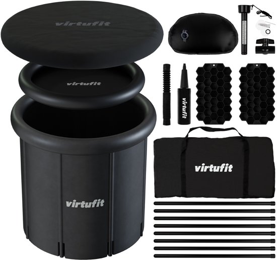 VirtuFit ijsbad XXL met accessoires: deksel, pomp, ijsvormen, tas en staanders.