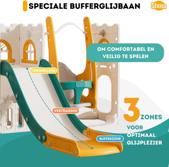 Gele en groene glijbaan met een bufferzone, voor 3 zones optimaal glijplezier.