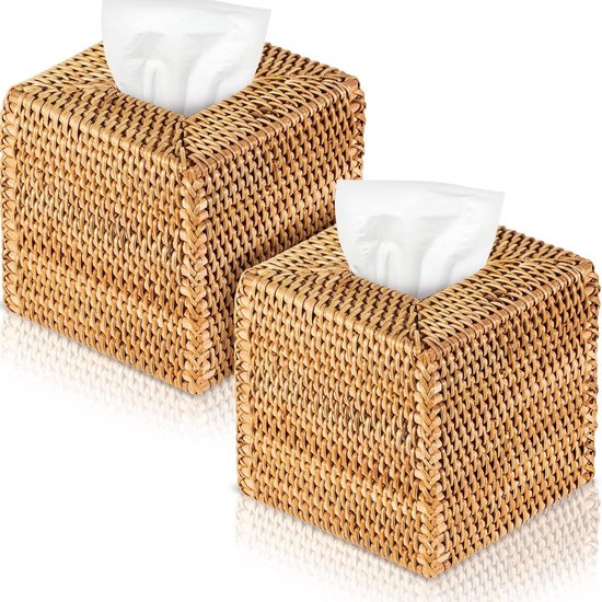 2x Vierkante Rotan Tissue Box Cover - Handgeweven Riet Houder voor Thuis, Kantoor en Auto - Boho Decoratie