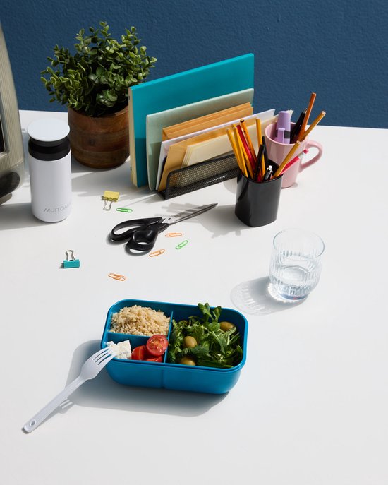 Boîte à lunch Muitomas - 1,1 litre - 3 compartiments - Compatible micro-ondes et lave-vaisselle - Couverts inclus - Blauw