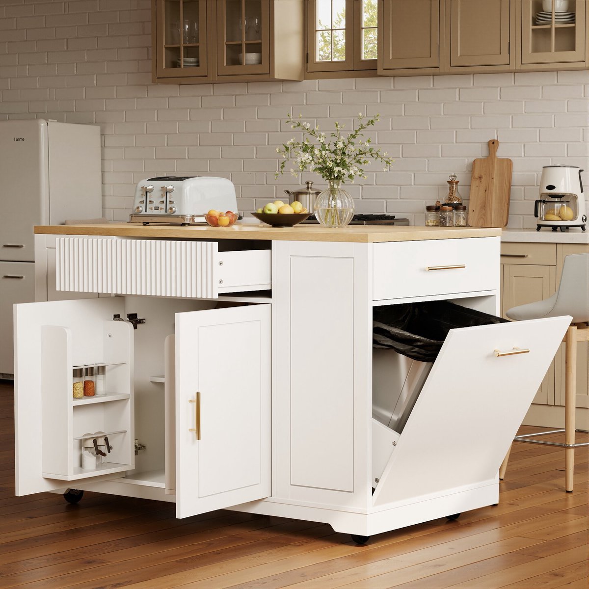 STILVORA Keukeneiland Met Wielen En Afvalvak - 2 Deuren En 3 Lades - Werkblad Met Houtlook - MDF Wit - 120x50x92 Cm