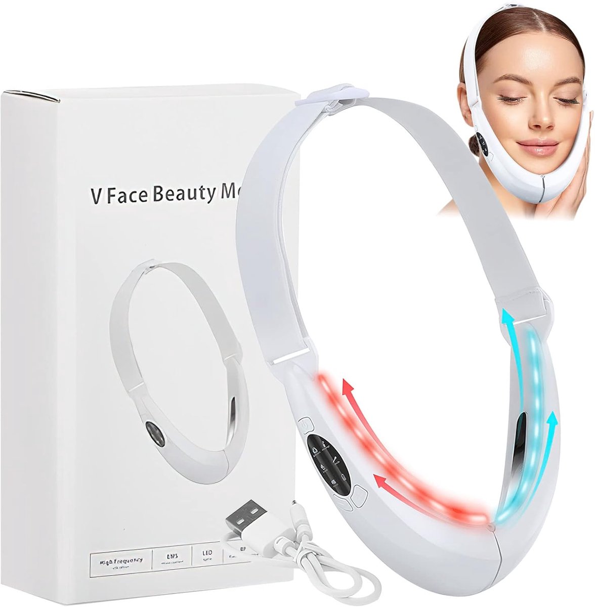 V Face Beauty Meter – Elektrisch Gezichtsmassageapparaat met V-Face Lifting & Shaping, Dubbele Kin Verwijderaar, 8 Standen Jawline Trainer met Rood & Blauw Licht