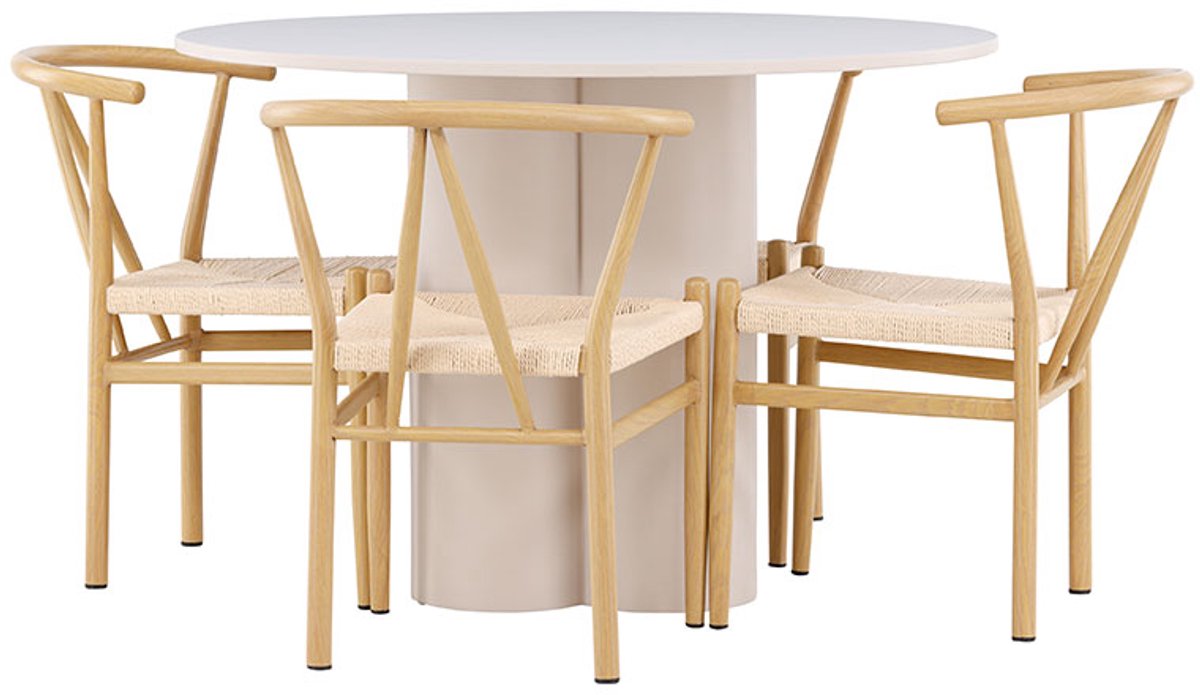Olivia eethoek tafel Ø110cm en 4 stoelen met armleuningen stapelbaar beige.