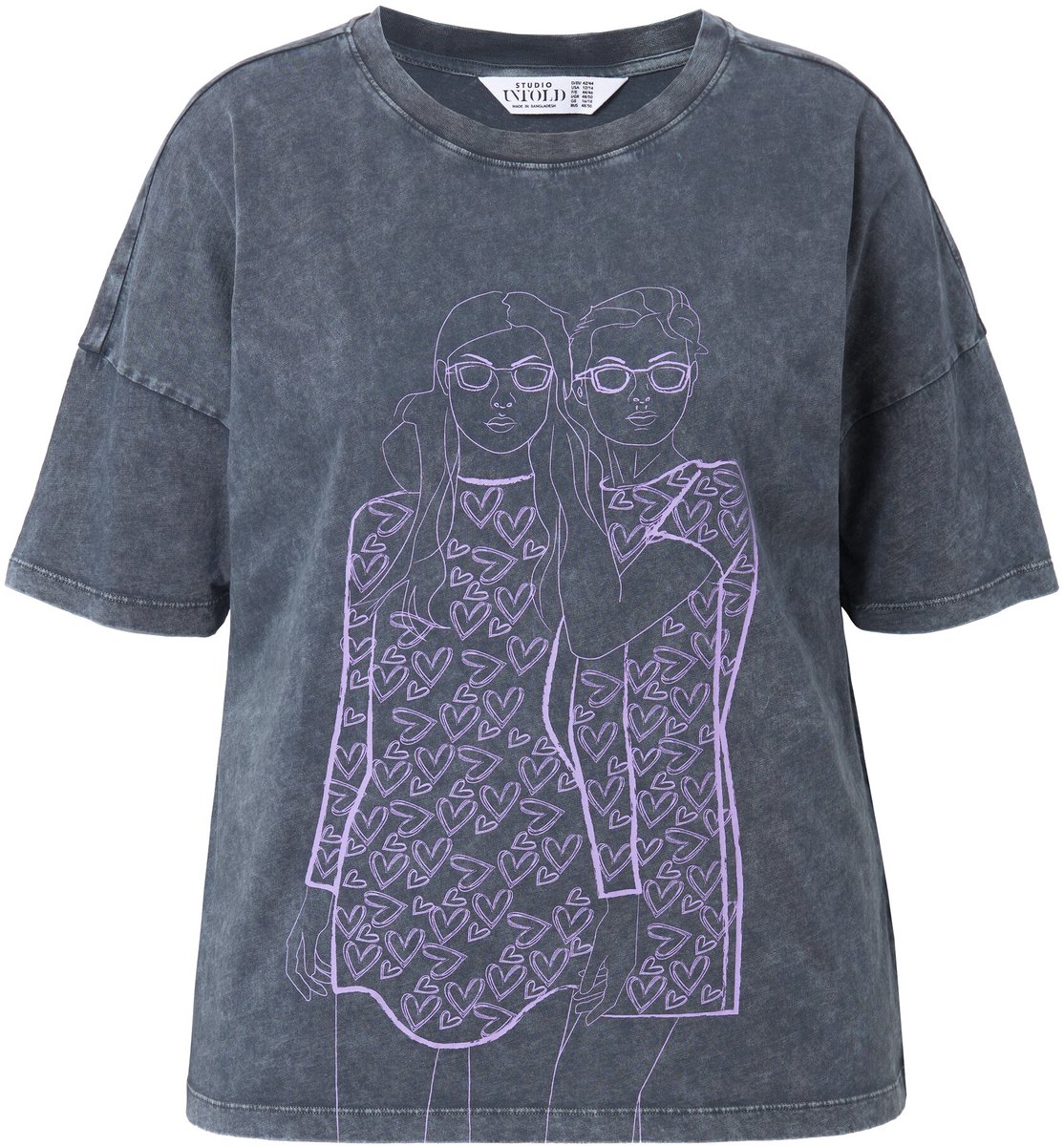 Studio Untold - Dames - T-shirt oversized Lady-hartjesprint acid washed - Antraciet melange - Maat 42+