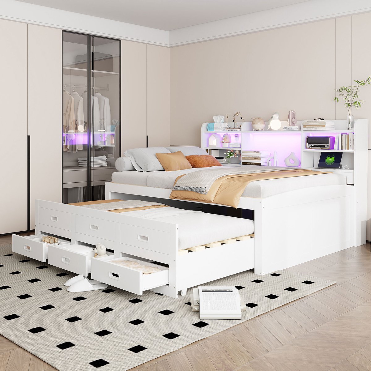 REDOM Bedbank 140x200 cm van MDF/spaanplaat – Met uitschuifbed, 3 lades, LED en USB/Type-C – Wit
