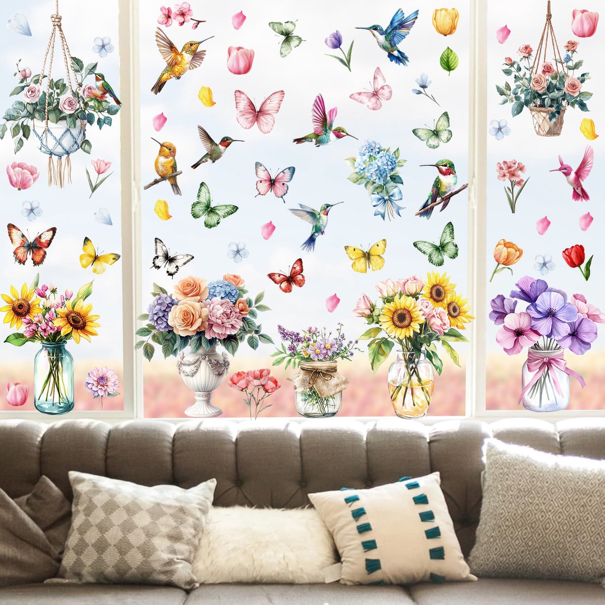9 vellen elektrostatische raamstickers met bloemenpatroon voor interieurdecoratie in de lente, geschikt voor ramen en deuren. Deze stickers met lentemotief, vogels en bloemen zijn ideaal voor doe-het-zelf elektrostatische raamfolie|Cyslmuk®