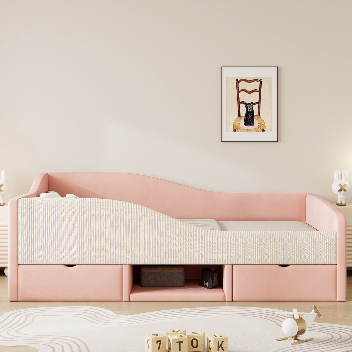 REDOM Bedbank – 90x190 cm – Met opberglades, schoenenvak & veiligheidshekken – Fluweel – Roze & Crèmewit