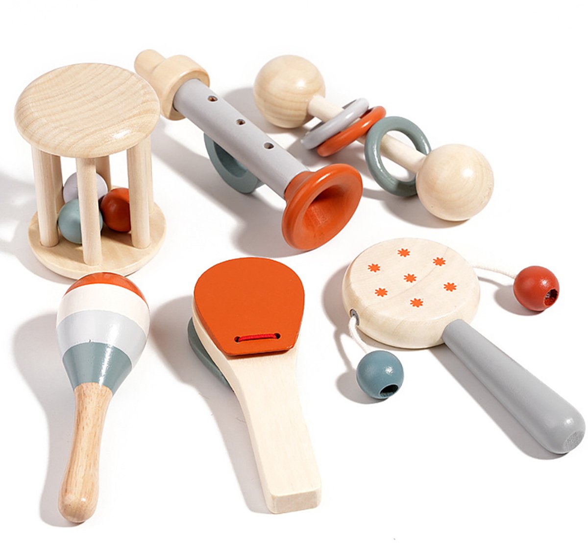 6-delige houten rammelaarset voor baby's, Montessori houten muziekinstrumenten voor peuters, kleurrijke percussie-instrumentenset voor baby's om vast te pakken, sensorische ontwikkeling, cadeau voor jongens en meisjes