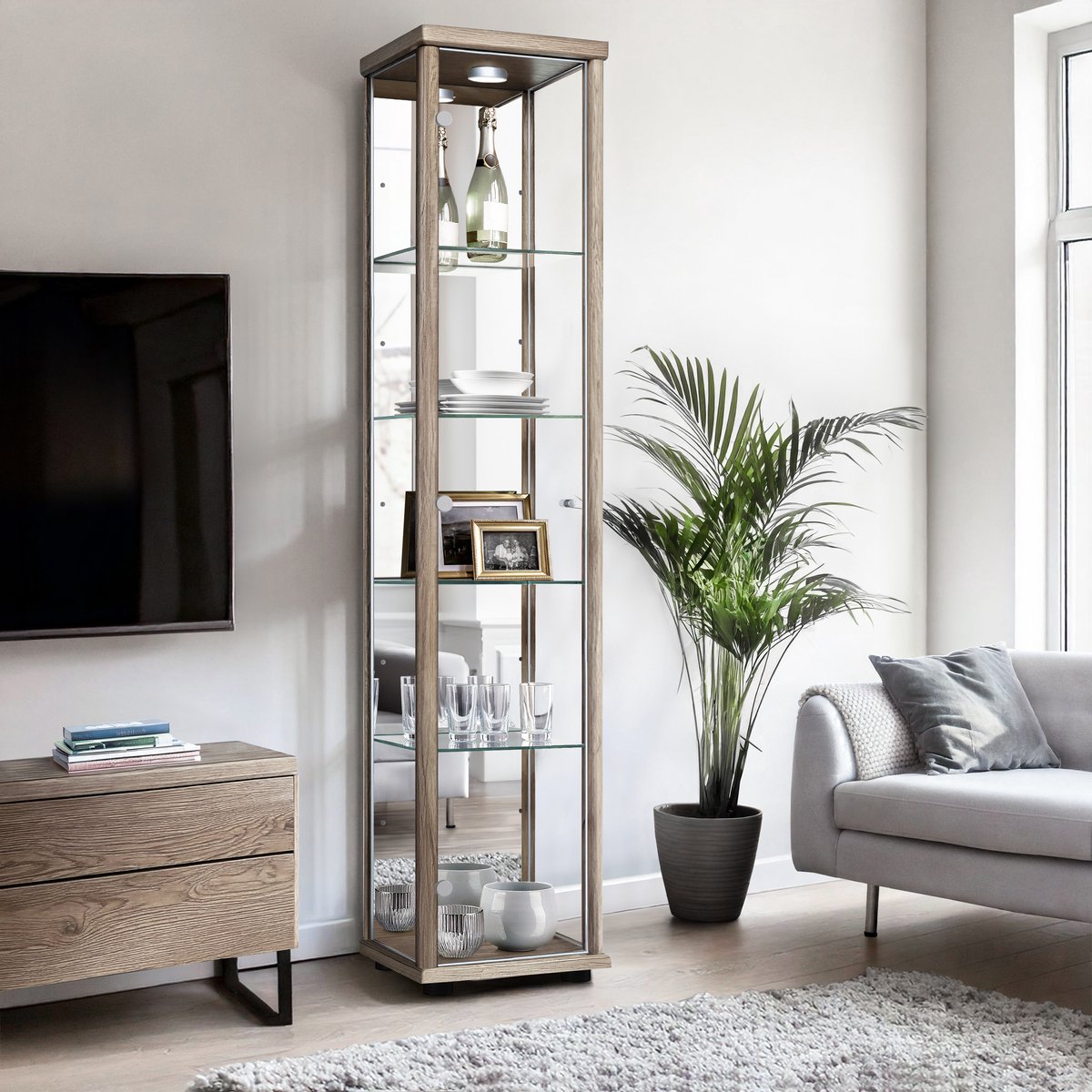 K-Möbel Vitrinekast met glas staand met 1 deur, 4 in hoogte verstelbare glasplanken & spiegel - Vitrinekast met led verlichting - 176x37x33 cm - Zwart