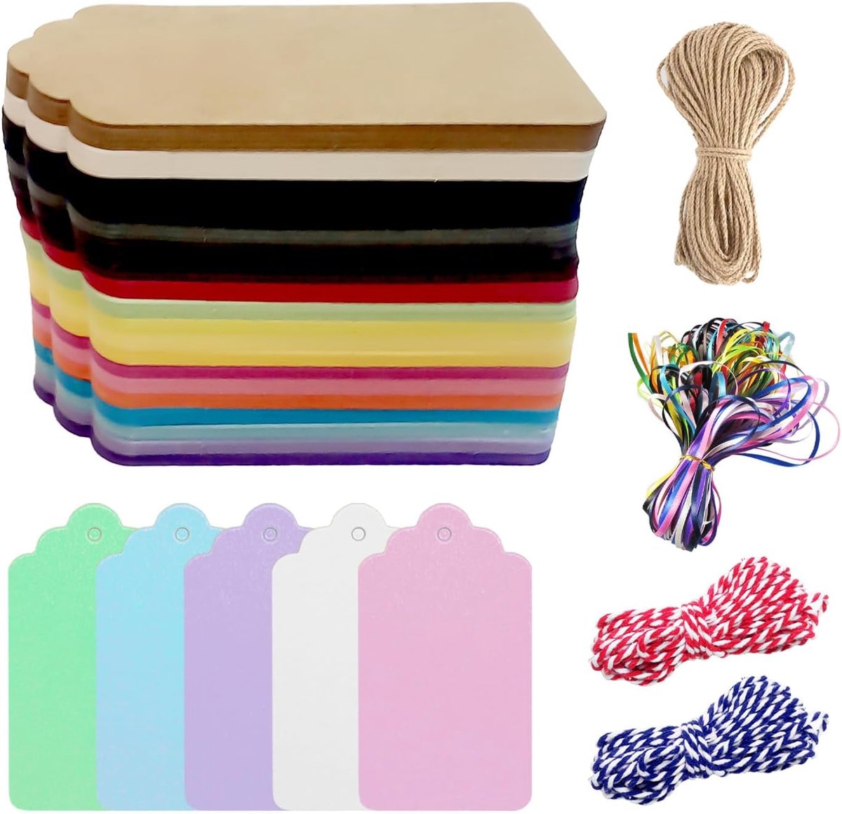 Imperatoris - Cadeau Tags - Labels - Kado Etiketten - Kraftpapier - kleurrijk - Karton aan touwtjes - 200 stuks Kleurrijke cadeaulabels - 4,5 x 9 cm - 10 m