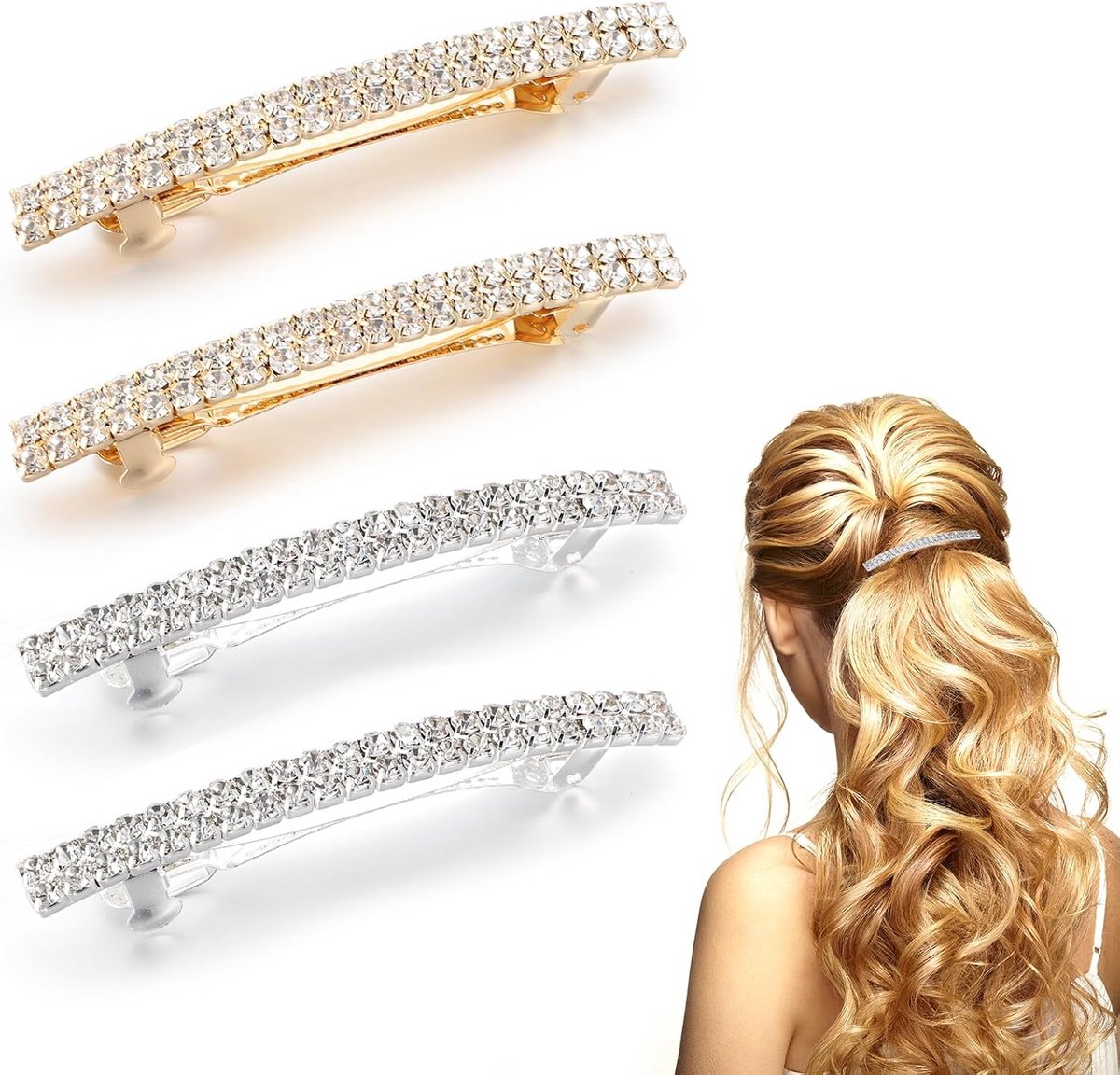 Set van 4 Sprankelende Strass Haarclips voor Dames - Goud en Zilver