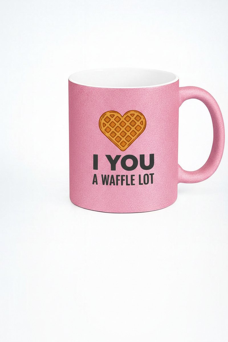 Roze Glitter Mok 'I YOU A WAFFLE LOT' met Wafel Hart Design - Liefdevol Geschenk