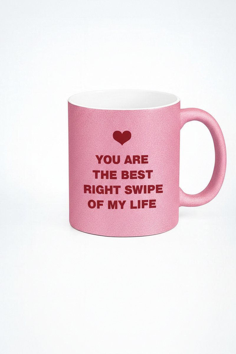 Roze Glitter Mok 'Best Right Swipe' met Hart - Romantisch Cadeau voor Liefde & Valentijn