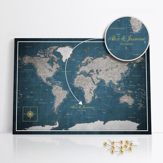 Gepersonaliseerde Wereldkaart Prikbord van Kurk - Ingelijst & Handgemaakt - Ideaal als Reisdecoratie met 50 Gouden Pins