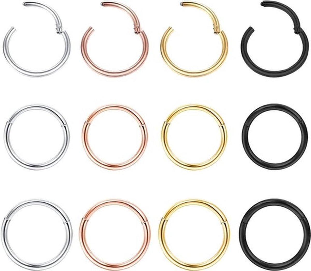 Set van 12 neusringen van roestvrij staal in zilver, goud en zwart