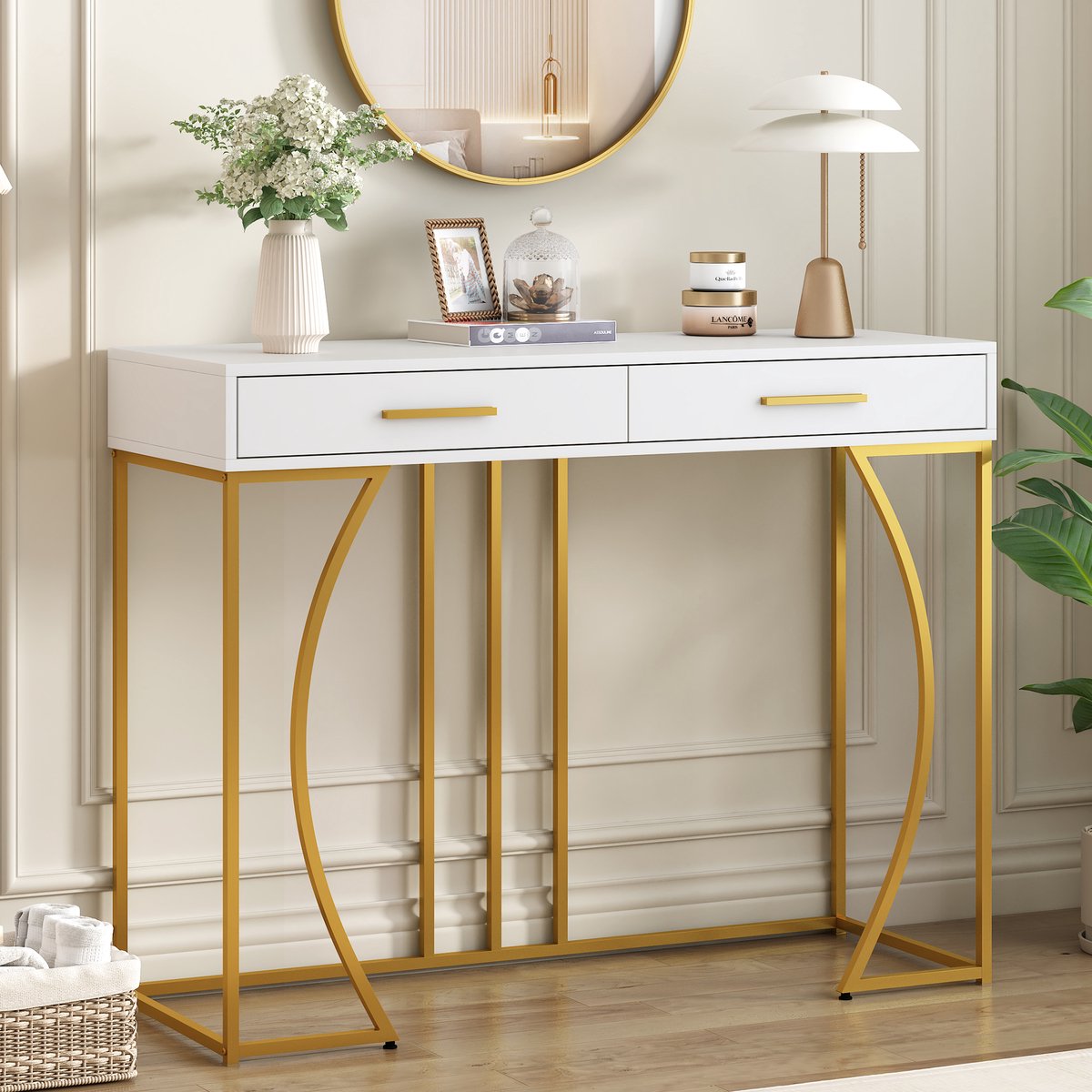 HAUSS SPOLE Consoletafel - Smal Model Met 1 Lade En Vergulde Grepen - Licht Luxe Voor Hal En Woonkamer - MDF Met Metalen Frame - Wit/Goud