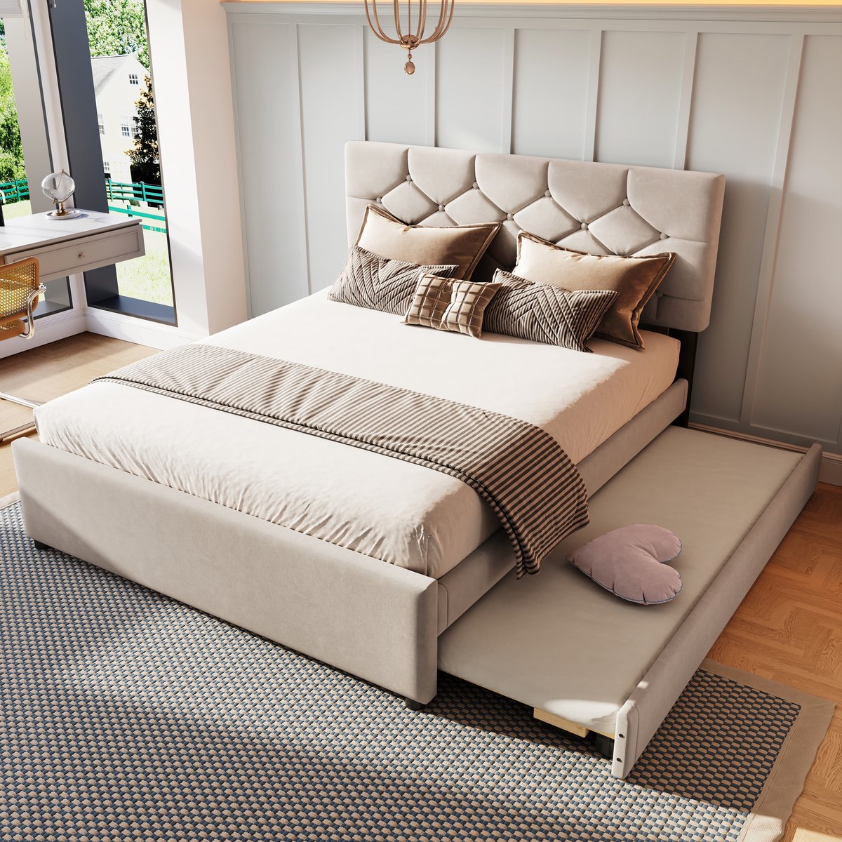 HAUSS SPOLE Gestoffeerd Bed 140x200cm - Lattenbodem En Knophoofdeinde - Uittrekbed Rollcontainer Voor Extra Slaapplek - Fluweel En MDF - Zonder Matras - Beige