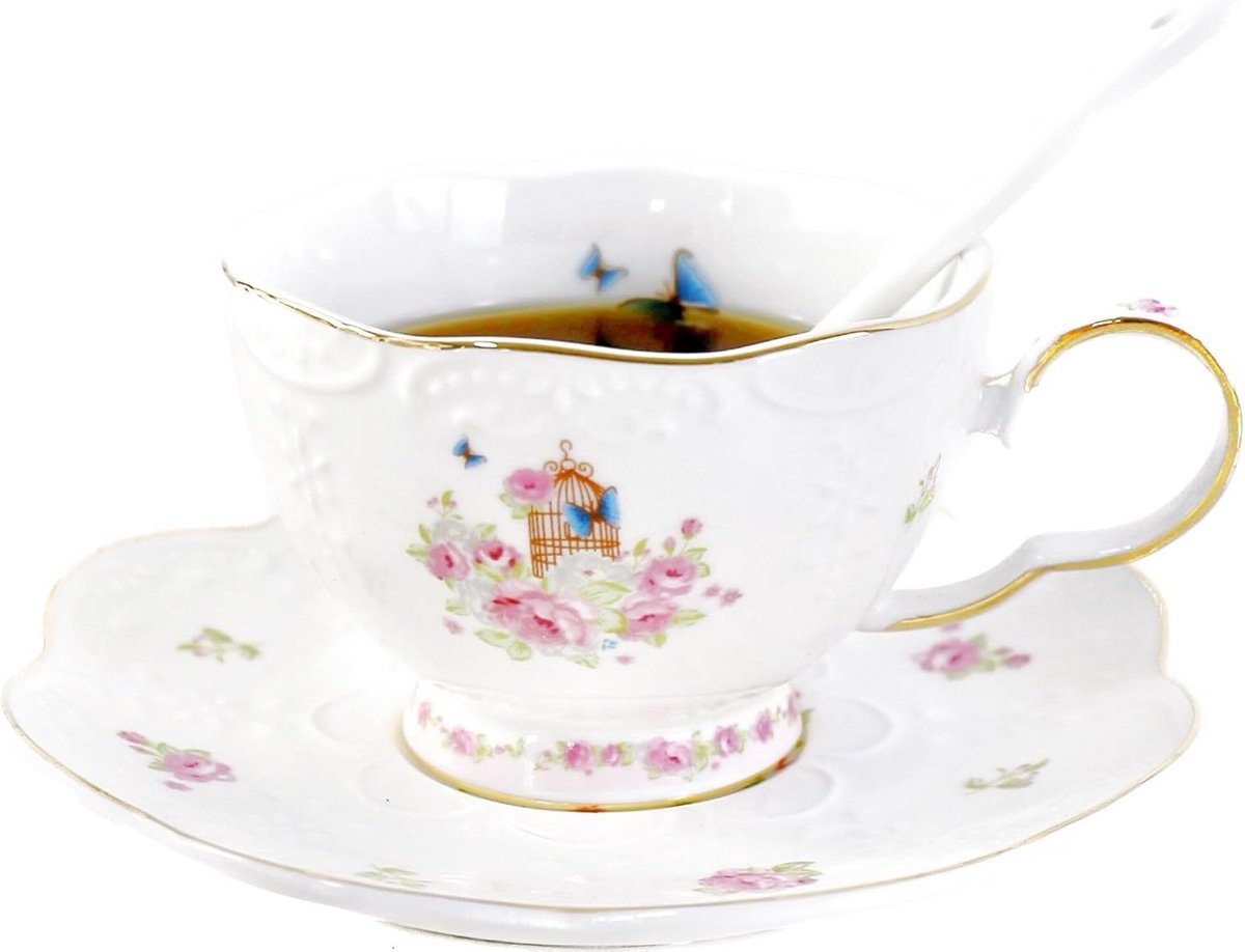 Keramische Koffiekop en Schotel Set - Roze Bloemen Patroon