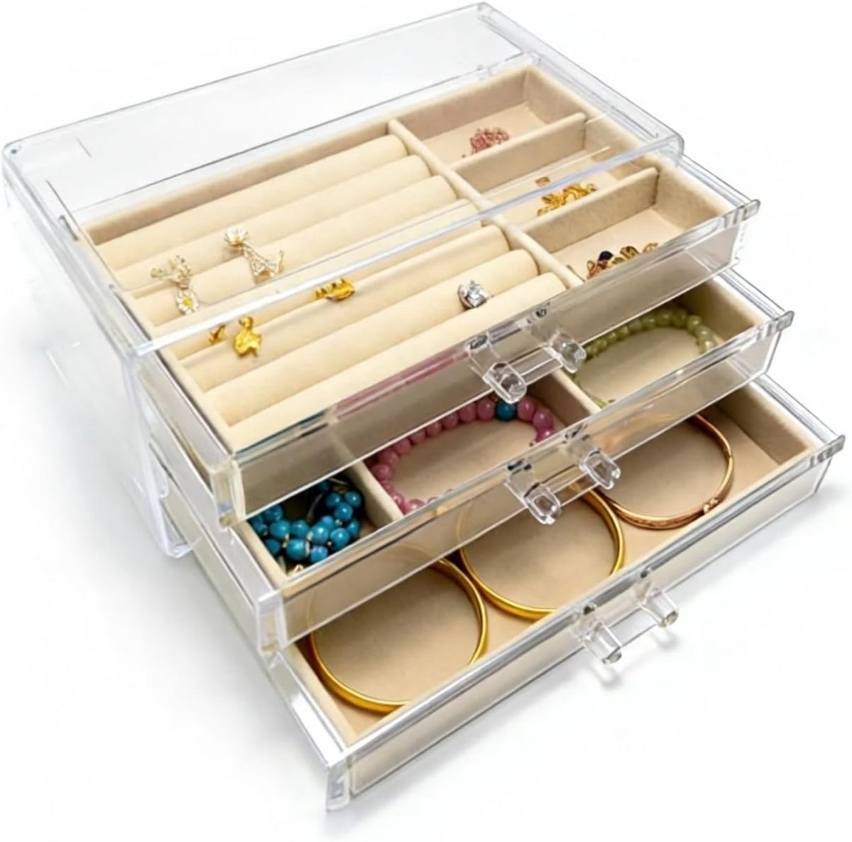 Stapelen Sieraden Organizer Box met 3 Lades en Aanpasbaar Fluweel Dienblad
