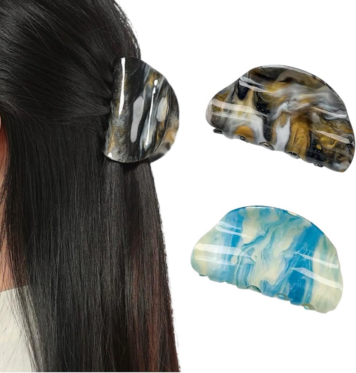 2x Grote Ovale Haarspeld Set - Glanzende Franse Klem voor Dik en Dun Haar