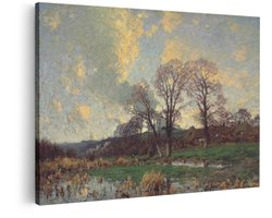 Artaza Canvas Schilderij Schilderachtig Landschap met Bomen en Rieten Daken bij Zonsondergang - 120x80 cm - Groot - Wanddecoratie Woonkamer - Schilderijen - Muurdecoratie