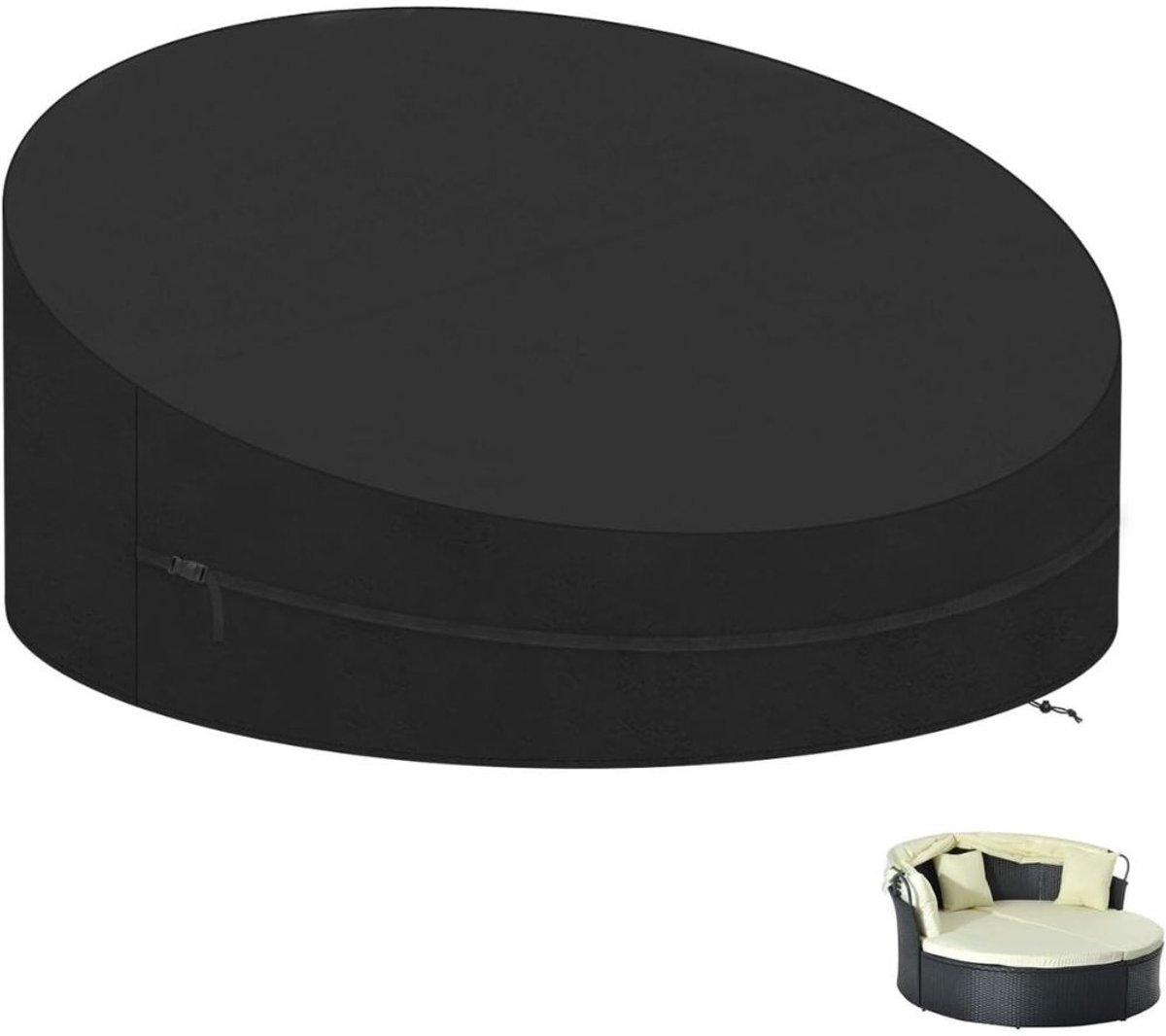 Famanu Waterdichte hoes voor rond zonneeiland en rotan loungebed - duurzame outdoor tuinmeubelhoes Ø190 x 90/50 cm Zwart