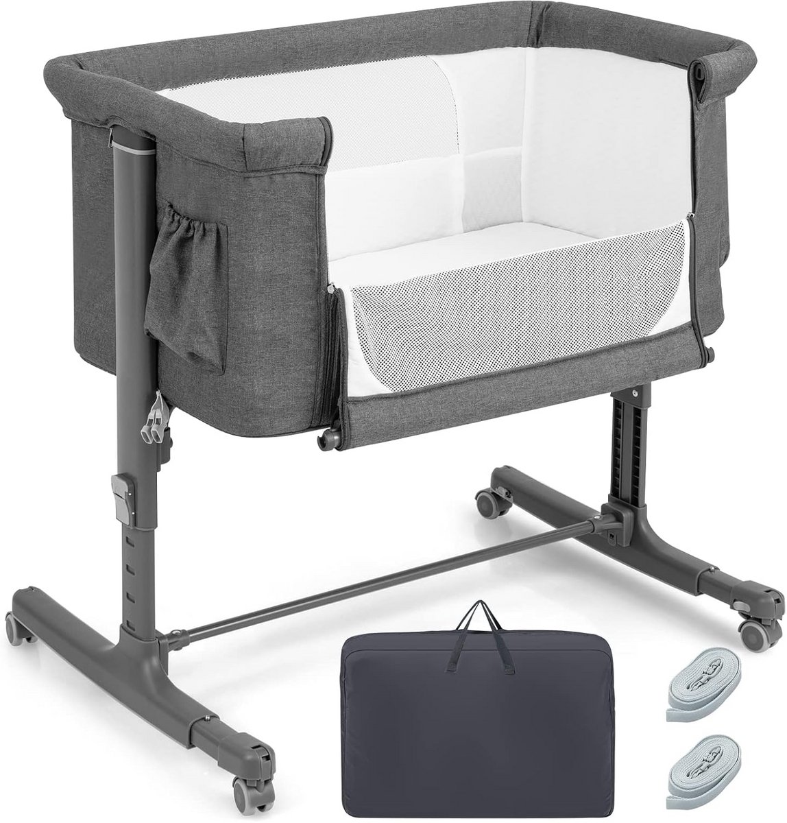 3-in-1 Babywieg met Matras - In Hoogte Verstelbare Co-Sleeper voor Naast Bed - Reiswieg met Wieltjes