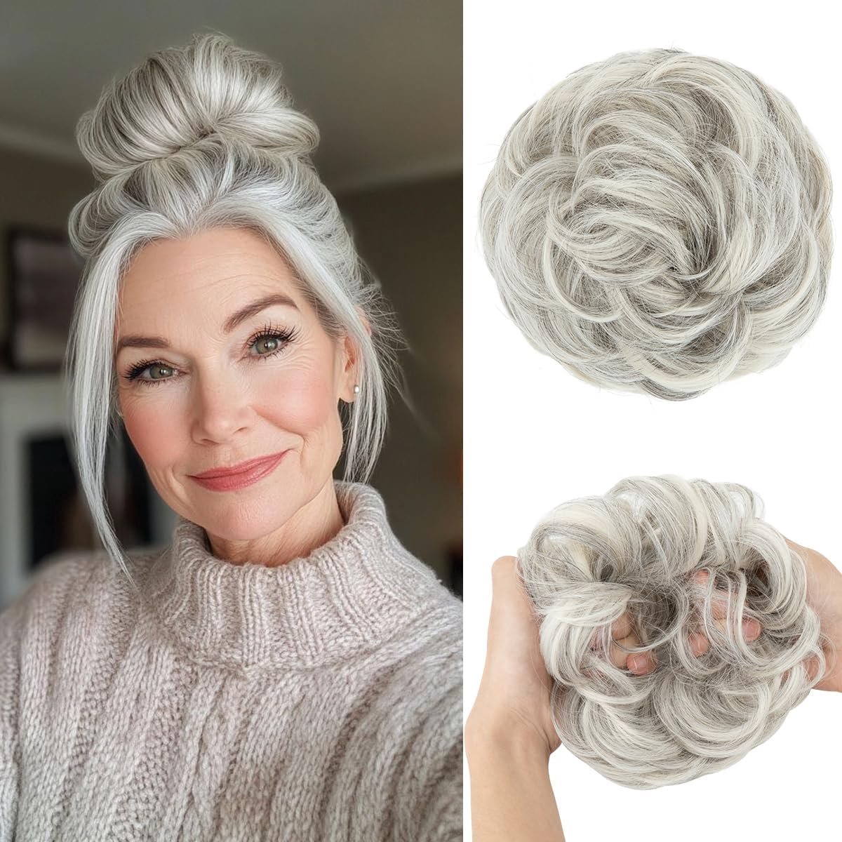 Synthetisch Kapsel Opzetstuk Rommelige Knot Haarverlenging Grijs voor Dames